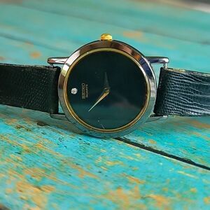 SEIKO Quartz Crystal Black & Gold Tone Slim Band Women's Watch